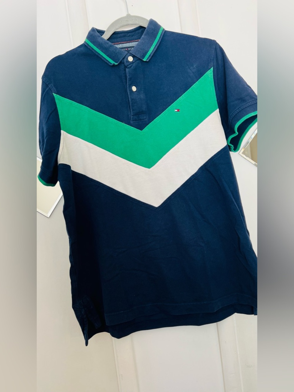 Tommy Hilfiger Navy Polo with Green & White Chevron Detail size M